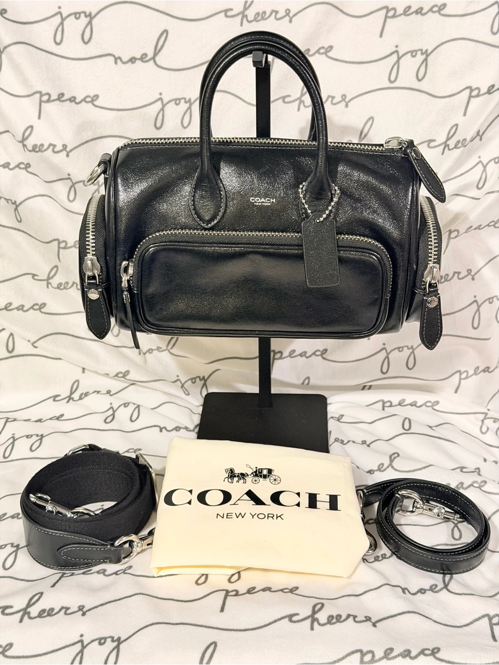 Coach Compass 25 with Pockets in Black Glazed Leather NWT